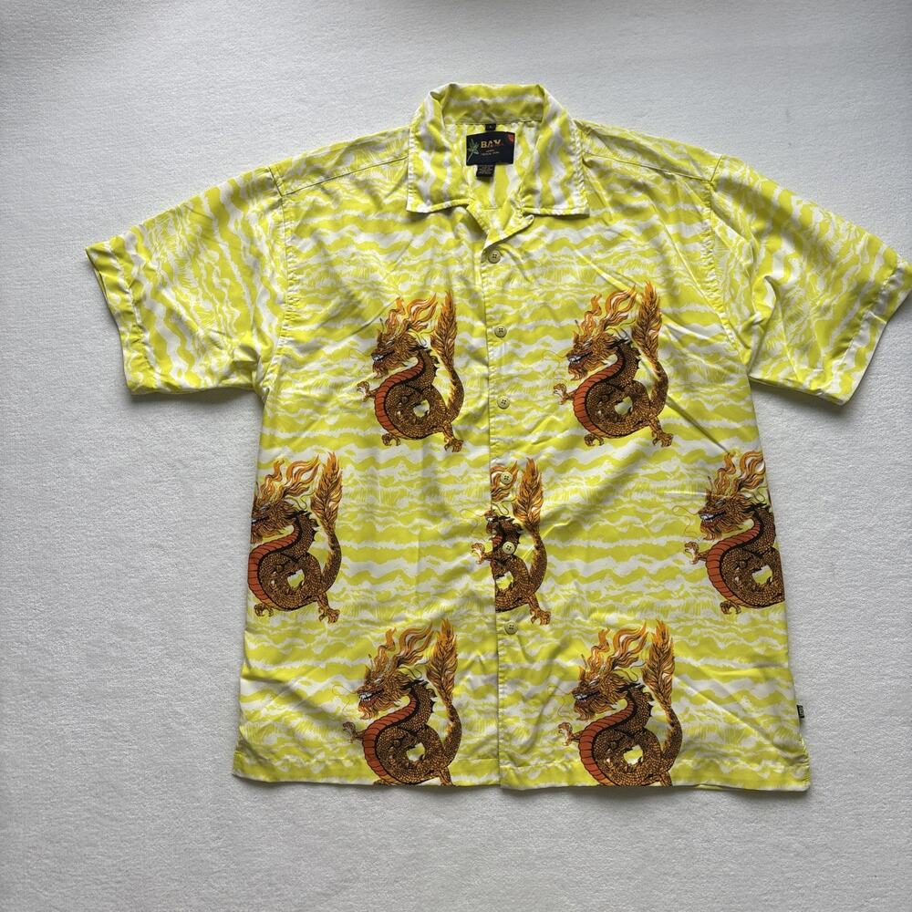 Bay Creek Dragon Print Shirt Mens Large Yellow Short Sleeve Tropical Button Up - Picture 1 of 16